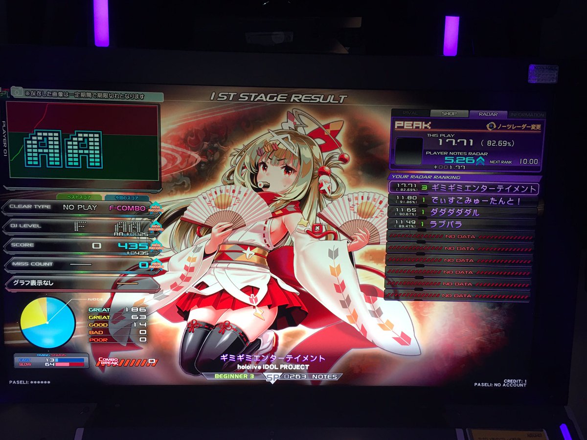 KME_KINGRECORDS's tweet photo. 続いて #2回目 の #ラウンドワン春日井店 の #beatmaniaIIDX で #1ステージ目 は、#hololiveIDOLPROJECT さんで #ギミギミエンターテイメント をプレイした #リザルト で #初プレイ で #フルコンボ でした!#IIDX #弐寺 #BEMANI #青柳諒 #ホロライブ #KONAMI #ラウンドワン #ヨロッカ春日井 https://t.co/YcVoXee1sP