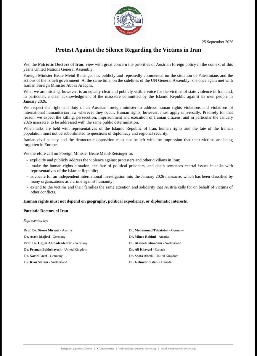 DoctorsIran's tweet photo. Patriotic Doctors of Iran has published a statement regarding Austria’s foreign policy and human rights in Iran.

We raise concerns about the lack of comparable public attention to the victims of state violence in Iran and call for human rights to remain central in diplomatic engagement with the Islamic Republic.
@BMeinl