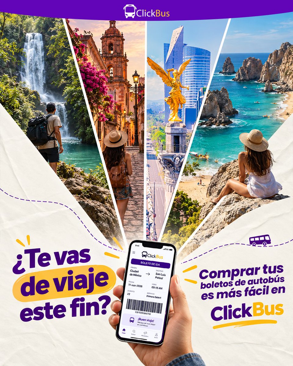 Click_Bus's tweet photo. ¿Ya tienes plan para este finde? 😎

Con ClickBus, comprar tus boletos de autobús es súper sencillo. ¡Solo unos clics en tu celular y listo! 🚌 👉 https://t.co/Ii6fQQvV1u⁠

📞 Llámanos al: 55 5350 8737

 #Viajes #FinDeSemana https://t.co/9GWEvlhJP7