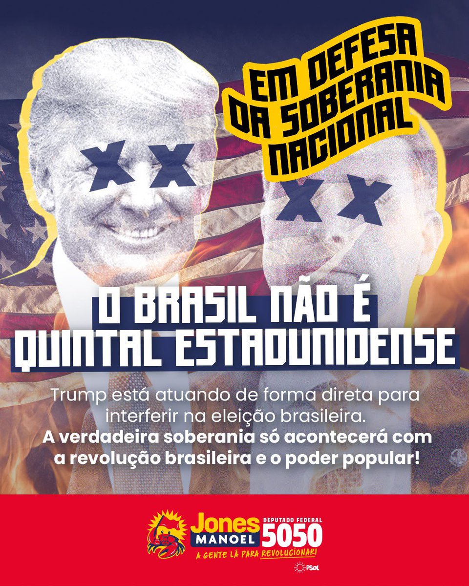 jonesmanoel_PE's tweet photo. EM DEFESA DA SOBERANIA NACIONAL: O BRASIL NÃO É QUINTAL AMERICANO

A poucos dias do pleito eleitoral, as conquistas democráticas brasileira enfrentam um grande desafio: a soberania do voto popular está sob ameaça. O presidente estadunidense, Donald Trump está atuando de forma direta para interferir na eleição brasileira e definir quem que vai ser o próximo presidente. 

A própria Agência de Inteligência do Brasil fez um relatório elevando para um nível crítico a interferência externa no processo eleitoral brasileiro. Diante dos fatos, inclusive, 31 parlamentares dos EUA enviaram uma carta cobrando que Trump pare com as pressões políticas, sanções ao STF e revogação de vistos diplomáticos no Brasil.

Esse padrão não é isolado. Nas últimas eleições na América Latina, tiveram várias denúncias de como o governo Trump atando para fortalecer a extrema direita, como nas eleições da Colômbia e Honduras, em que empresas terceirizadas de inteligência e cibernética montaram operações maciças com inteligência artificial, fazendas de chips e espionagem para influenciar a opinião pública de última hora. 

A defesa do Brasil exige atuação firme. O destino dos recursos naturais, da economia e dos direitos da população deve ser decidido exclusivamente pelo povo brasileiro nas urnas. 

É hora de mobilização total: rebater ativamente a enxurrada de desinformação, atuar nas ruas e na rede, e garantir que a autonomia do país não seja subordinada aos EUA. O Brasil não é quintal americano! 

A verdadeira soberania só acontecerá com a revolução brasileira e o poder popular!

#Jones5050  Federação PSOL/REDE - PROPAGANDA ELEITORAL - CNPJ 68.571.443/0001-76