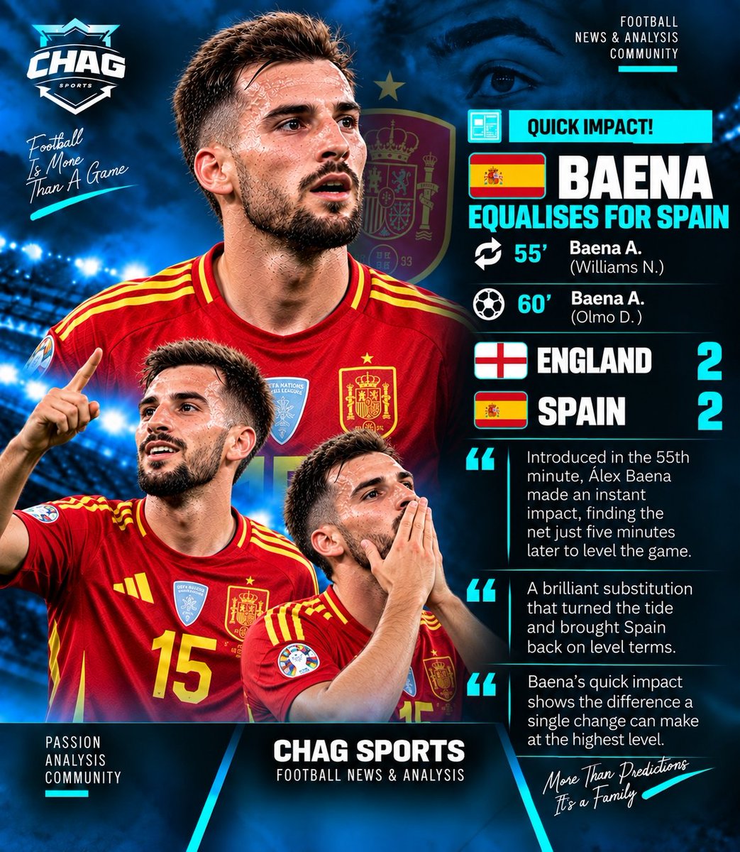 Chagsports24's tweet photo. #BBNaija ⚡ INSTANT IMPACT FROM BAENA!

Introduced in the 55th minute, Álex Baena needed just five minutes to make his mark and bring Spain back level at 2–2. A perfect example of a substitute changing the game when it matters most. 🇪🇸🔥

#ChagSports #ENGESP #Baena #FootballNews #MatchUpdate