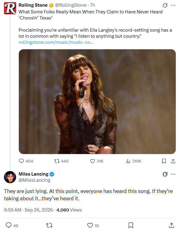 CharlemagnumPI's tweet photo. yes yes, America A/America B, but I'm starting to think the major divide here is people who listen to terrestrial/satellite radio or For You Page style algo playlists vs. people who listen to something they purposely seek out https://t.co/wSeDn3R6B5