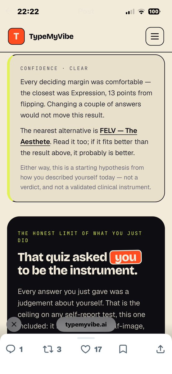 conffection's tweet photo. I would never suggest a test for the sake of self-typing, but I will admit that this one was quite fine. The questions are fair and similar enough to what I’d ask someone whilst initially typing them. https://t.co/I54Kgs2xIX