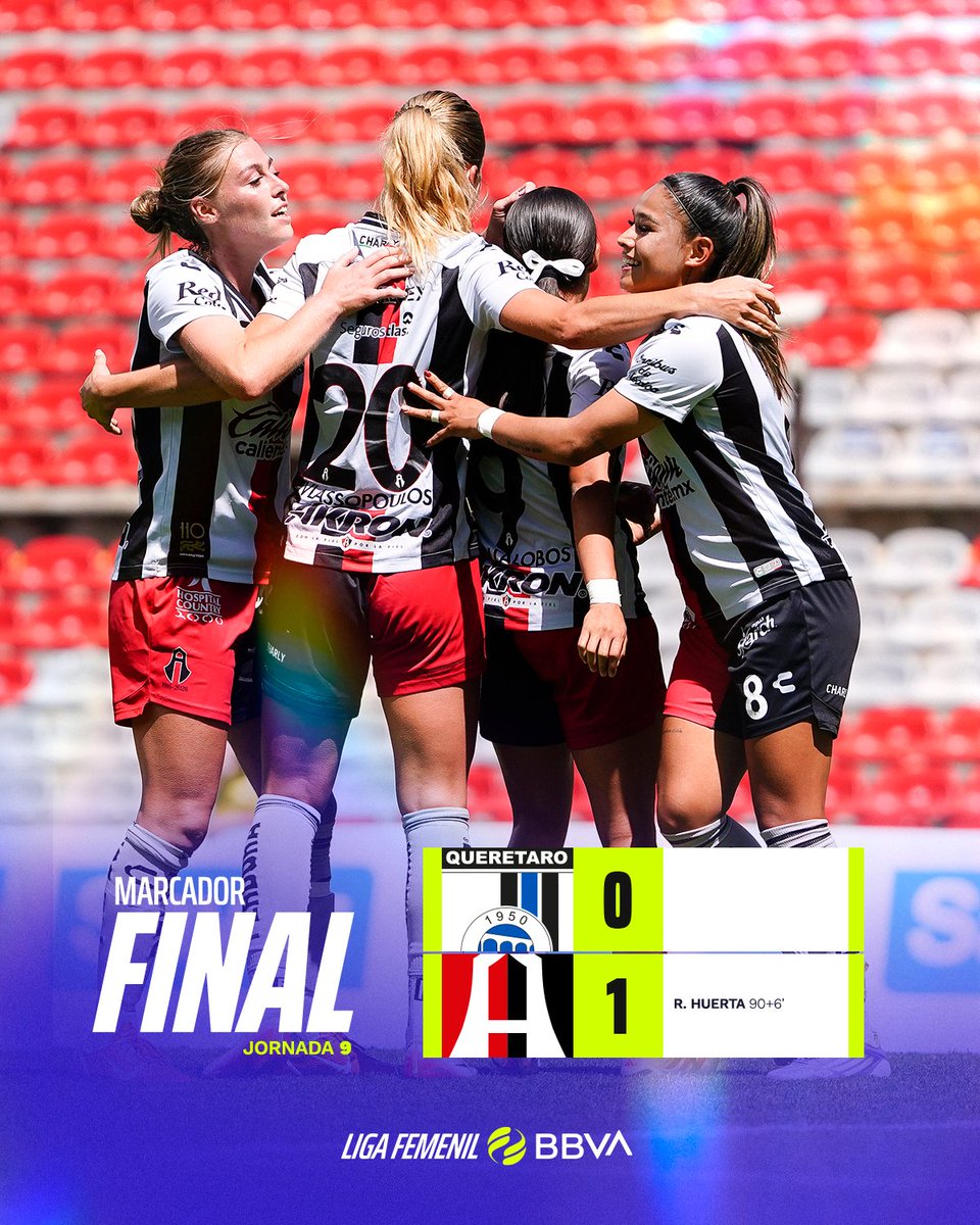 LigaBBVAFemenil's tweet photo. 🏁📚 ¡TRIUNFO DE ÚLTIMO MINUTO EN LA CORREGIDORA!
Atlas se lleva los tres puntos de visita gracias a Renata Huerta, quien apareció en el tiempo agregado para marcar el gol de la victoria ante Gallos. ⚽️🔥
¡Las Académicas se quedan con el triunfo! 🙌🏼
#MarcadorFinal | #QROvsATS | #LigaFemenilBBVA