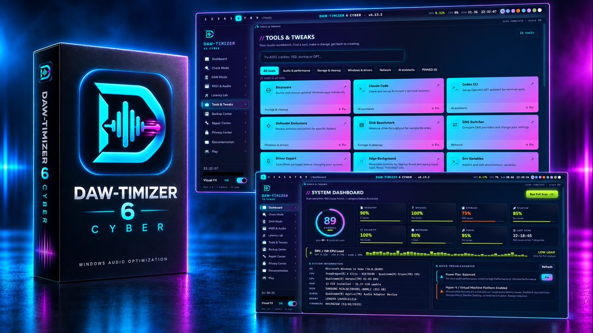 andyprinzpubl's tweet photo. Crackles, pops or dropouts in your DAW on Windows? 🎧
DAW-TIMIZER 6 CYBER scans your system, shows DPC/ISR load in real time and fixes what's holding your audio back. 21 tools, one dashboard.
👉 https://t.co/JygP5pTddI
#MusicProduction #WindowsAudio https://t.co/YLYsnJtSPu