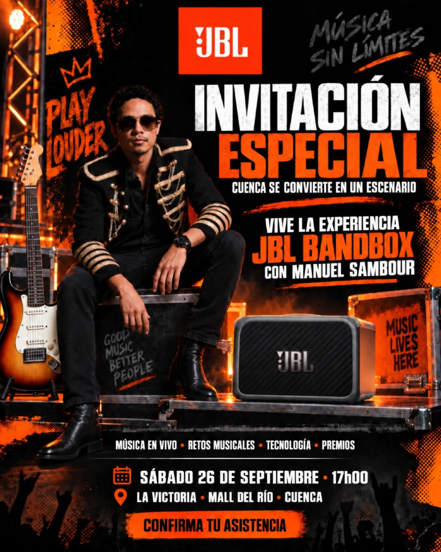 australtv's tweet photo. 🎸🔊 ¡JBL convierte a Cuenca en un escenario! Vive la experiencia JBL BandBox junto a Manuel Sambour: música en vivo, tecnología, retos musicales y premios. 🎶🔥
📅 Sábado 26 de septiembre | 🕔 17h00
📍 La Victoria – Mall del Río, Cuenca.
#JBL #JBLEcuador #Cuenca #AustralTV https://t.co/B7RESgv2s5