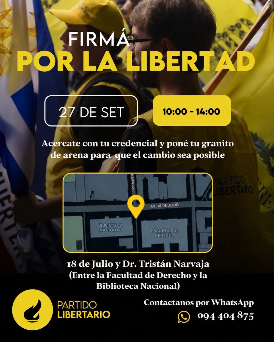 LibertarioUy's tweet photo. El sistema no quiere que esto suceda Mañana domingo , 27 de septiembre , el Partido Libertario junta firmas en tres departamentos para inscribirse en la Corte Electoral.

Maldonado
Feria de Maldonado, Simón del Pino y Av. Aiguá — 12 a 14 hs

Salto
Feria Plaza de Deportes — 10 a 13 hs

Montevideo
18 de Julio y Tristán Narvaja, entre la Facultad de Derecho y la Biblioteca Nacional — 10 a 14 hs

Llevá tu credencial y firmá.
La libertad empieza por vos.