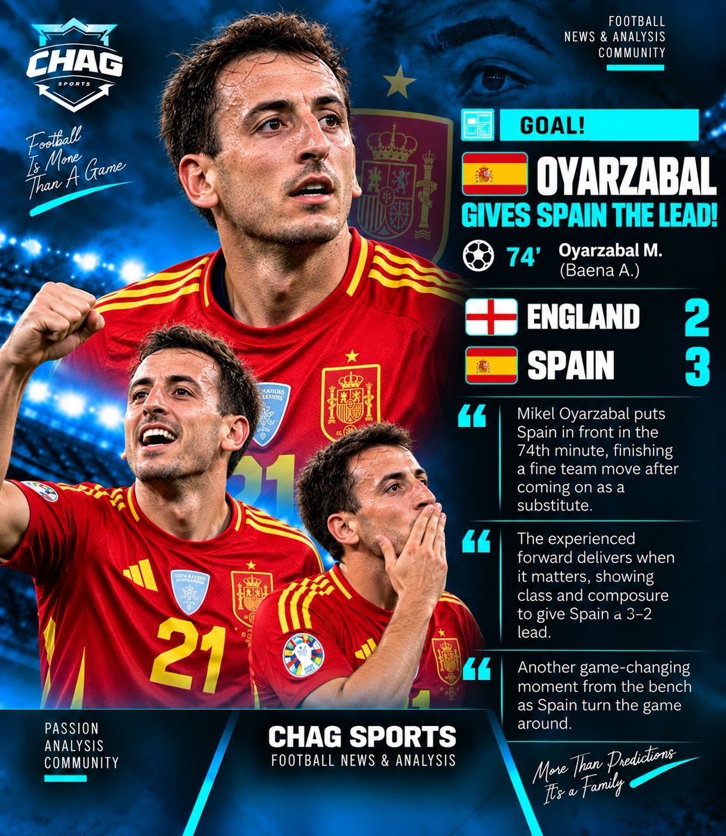 Chagsports24's tweet photo. 🚨 SPAIN TAKE THE LEAD! 🇪🇸🔥

Mikel Oyarzabal strikes in the 74th minute to put Spain 3–2 ahead. What a turnaround in a game full of drama, pressure and big moments.

England now have a mountain to climb. ⚽️

#ChagSports #ENGESP #Oyarzabal #Spain #FootballNews #MatchUpdate https://t.co/Q2eh0GQkex