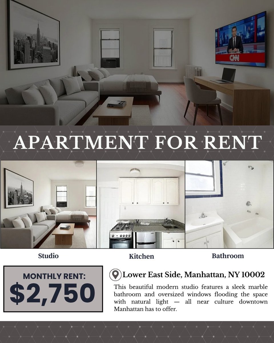 lavazooRE's tweet photo. 🏙️ LOWER EAST SIDE STUDIO & MOVE-IN READY! 🏙️

Step into this stunning modern studio, nestled in one of Manhattan's most electric neighborhoods; you're steps from the F, M, J & Z trains and the ultimate downtown NYC lifestyle right outside your door. 🎭🍽️🌳

Features:
🛁 Sleek marble bathroom
🍳 Contemporary kitchen with stainless steel appliances
🔔 Video intercom system for added security
💰 Move in with first month + one month security deposit!

View the full listing on LavaZoo and discover more incredible NYC apartments today!

#NYCRealEstate #ApartmentHunting #RentNYC #DowntownManhattan #NYCApartments