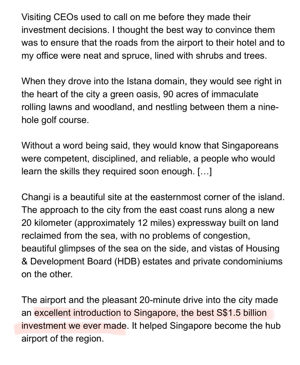 TrungTPhan's tweet photo. Singapore’s Changi Airport is regularly named the top airport in the world.

Lee Kuan Yew writes in his memoir why he focussed on the airport experience (first impressions) and calls the initial buildout of Changi (opened in 1981) the “best S$1.5 billion investment we ever made.” https://t.co/frl4z0BSSd