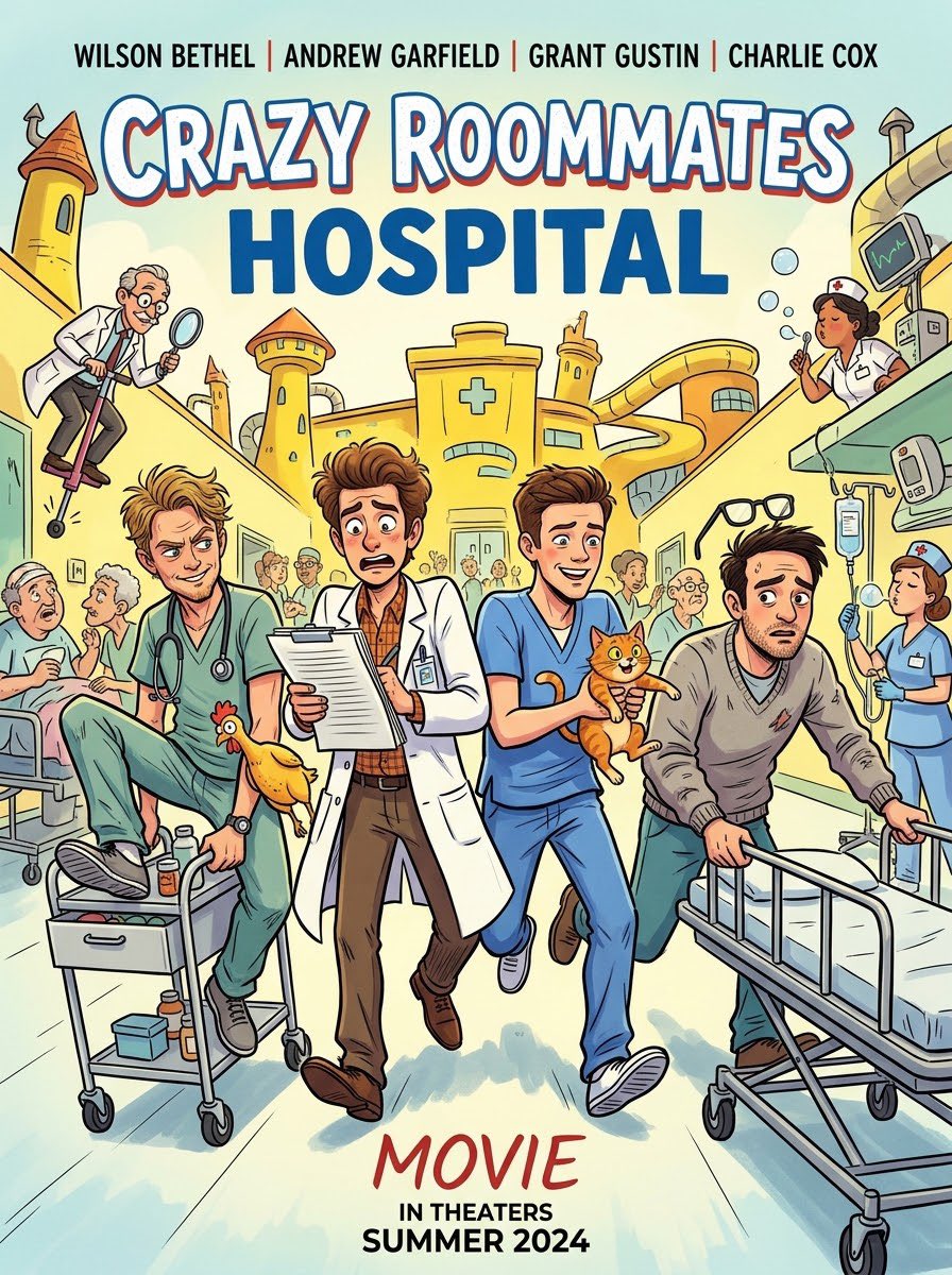 MrMovieArtist's tweet photo. #Ai #AiArt #Concept #Poster #Movie #CrazyRoommates #Hospital #WilsonBethel #AndrewGarfield #GrantGustin #CharlieCox #Doctor #Nurse #Wild #Patient #Crazy #Roommates #Cat #Chicken https://t.co/G6ECPr3Ilr