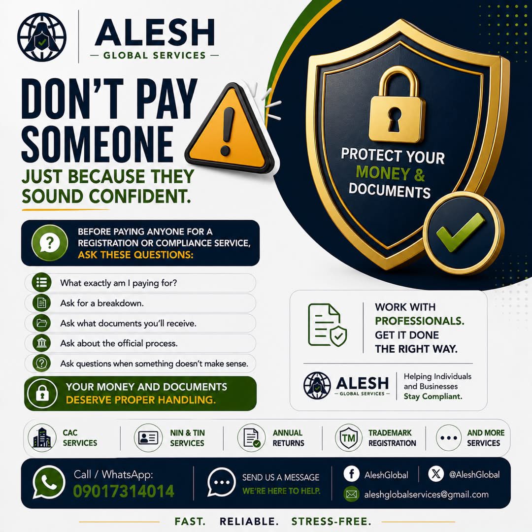 AleshGlobal's tweet photo. Your documents and money deserve careful handling.

Ask questions. Understand what you're paying for. Verify before you pay.
Stay smart. Stay safe.

Contact Alesh Global Services for your business registration and other individual &amp; business compliance services today. https://t.co/vIWxrNO1tr