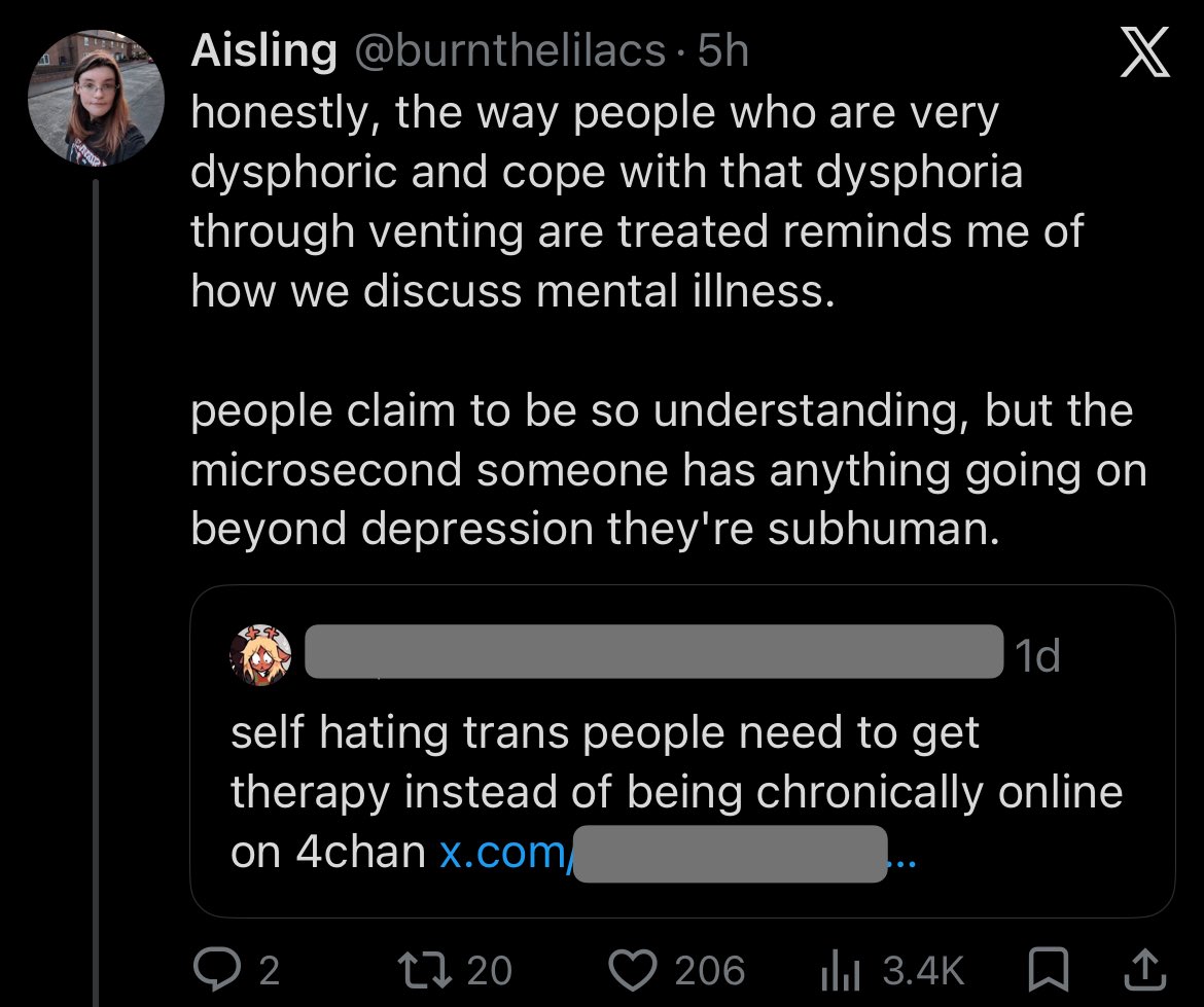 DebunkGunk's tweet photo. Type of analogy that only remotely makes sense if you act like 4tran spaces are only about “coping by SELF-hating”, and completely ignore that people also negatively target and harass OTHER trans people on the regular. 🫠 https://t.co/PolVhOdoay