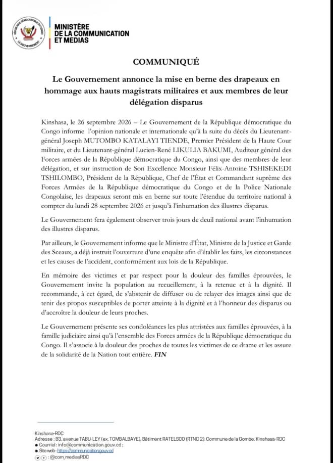 Christe44294276's tweet photo. #RDC:Le Gouvernement décrète trois jours de deuil national et la mise en berne des drapeaux dès le 28 septembre, en hommage aux victimes de l’accident. Une enquête est ouverte. l’accident https://t.co/TVSWcXL9iB