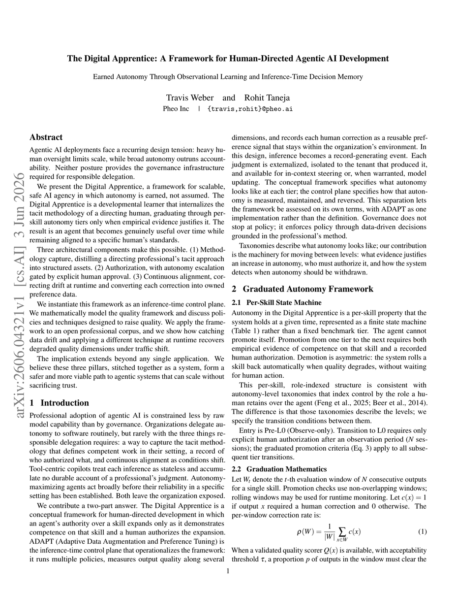 beamnxw's tweet photo. this paper is f*cking brilliant
  
a computer science paper builds the Digital Apprentice framework to grant AI agents earned autonomy  
  
the result: per-skill authorization gates and inference-time quality control expand agent authority only when backed by empirical proof  
  
the crazy part is how earned autonomy replaces blanket agent permissions  
  
agents start at low-autonomy tiers, learn tacit expert methodology, and require explicit human authorization to graduate to high-risk tasks  
  
most developers either grant full autonomous control or restrict agents to stateless copilot prompts  
  
this framework establishes a progressive governance control plane for safe AI delegation  
  
read the complete paper + article below

bookmark it for future reference