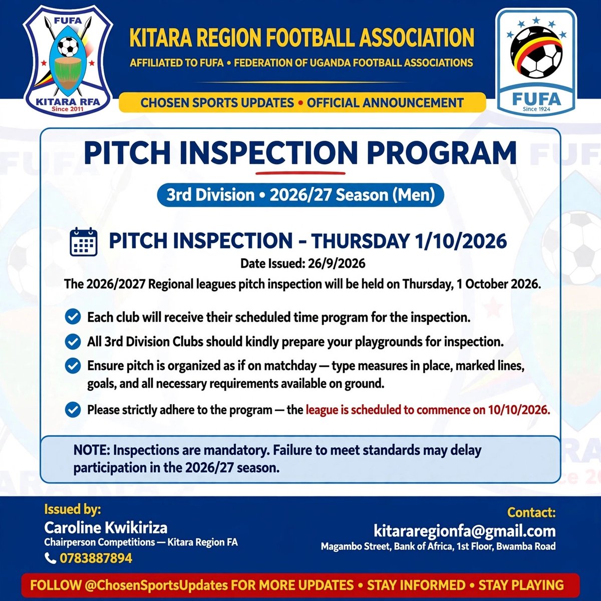 Chosensports433's tweet photo. CONFIRMED:
Kitara RFA: 3rd Div 2026/27 Pitch Inspection Thu 1/10/26.
All clubs prepare grounds, have tape measure & matchday setup ready.
Time program to be shared.
League starts 10/10/26. -Caroline Kwikiriza #KitaraRFA #FUFA https://t.co/B4A00gOyva