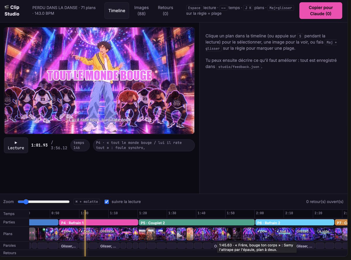 jiheme_dev's tweet photo. I gave Claude Opus 5.5 a song.

30min later: a 3:56 animated music video, 71 shots, every cut locked to the beat 🎧

It analyzed the track, wrote the shot list from the lyrics, wrote the image prompts, built its own animation engine… and a React tool so I could review it shot by shot.

306k tokens. 3,390 lines of code. Zero editing software.

Next step: cut the cost. Opus 5.5 directs, DeepSeek V4 via OpenRouter handles the tweaks, all driven by my own tool 🔧

Motion designers are not ready 👀