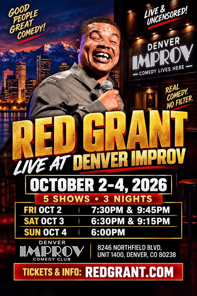 3deepDen's tweet photo. DENVER — GET READY! 

The one and only @rodneyredgrant is bringing the laughs to #Denver Improv for 3 nights and 5 shows! 

Oct 2–4, 2026
FRI OCT 2: 7:30 PM &amp; 9:45 PM
SAT OCT 3: 6:30 PM &amp; 9:15 PM
SUN OCT 4: 6:00 PM

📍 @ImprovDenver 

Tickets: https://t.co/q3IKjmwPuo https://t.co/cysCPrrTkf