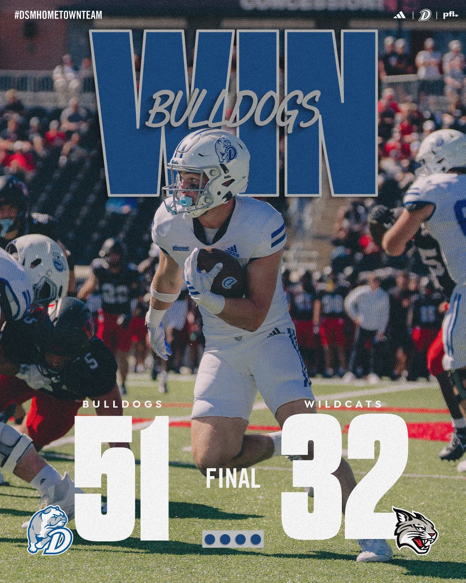 DrakeBulldogsFB's tweet photo. 𝗕𝗨𝗟𝗟𝗗𝗢𝗚𝗦 𝗪𝗜𝗡

Warzynski | 31-48, 371 yds, 3 TD
Spellman | 12 car, 102 yds, TD
Nofsinger | 9 rec, 127 yds, 2 TD
Wiskur | 9 tck, TFL
T. Williams | 8 tck

#DSMHometownTeam https://t.co/wkkfAWm0ll