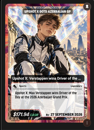 mizzysworld's tweet photo. $15 to $180 in less than 2ms?

casual 12x 

took $15 to buy 3 @upshot_cards packs earlier this week and pulled both the winning Max Verstappen DOTD card &amp; a George Russell winning card

should i flip the $180 into some @jackbutcher credits?

or have they topped? https://t.co/Y88ElSJAEE