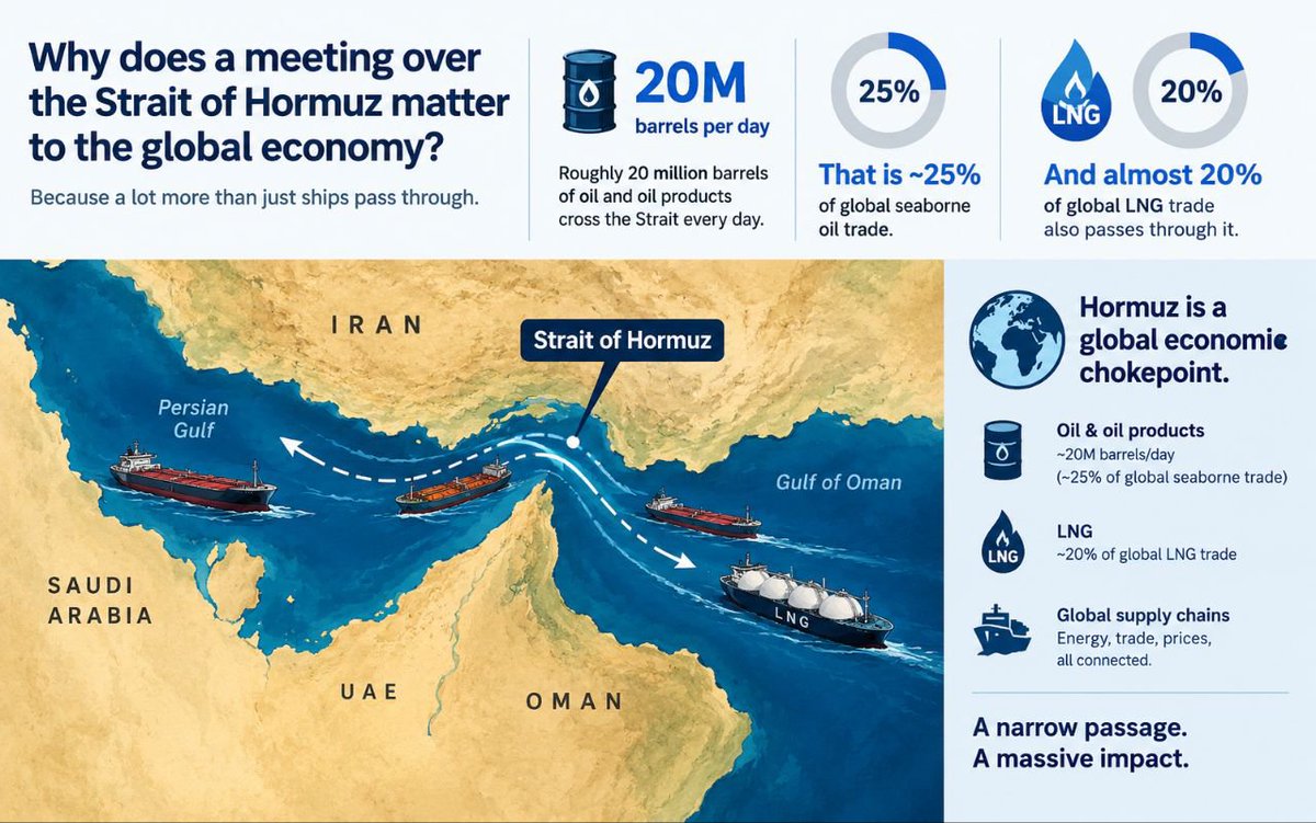 IRANomic's tweet photo. Why does a meeting over the Strait of Hormuz matter to the global economy?

Because roughly 20M barrels of oil and oil products cross the Strait every day.

That is ~25% of global seaborne oil trade.

And almost 20% of global LNG trade also passes through it. https://t.co/qLOadswwQ6