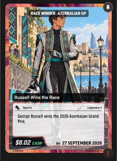 mizzysworld's tweet photo. $15 to $180 in less than 2ms?

casual 12x 

took $15 to buy 3 @upshot_cards packs earlier this week and pulled both the winning Max Verstappen DOTD card &amp; a George Russell winning card

should i flip the $180 into some @jackbutcher credits?

or have they topped? https://t.co/Y88ElSJAEE