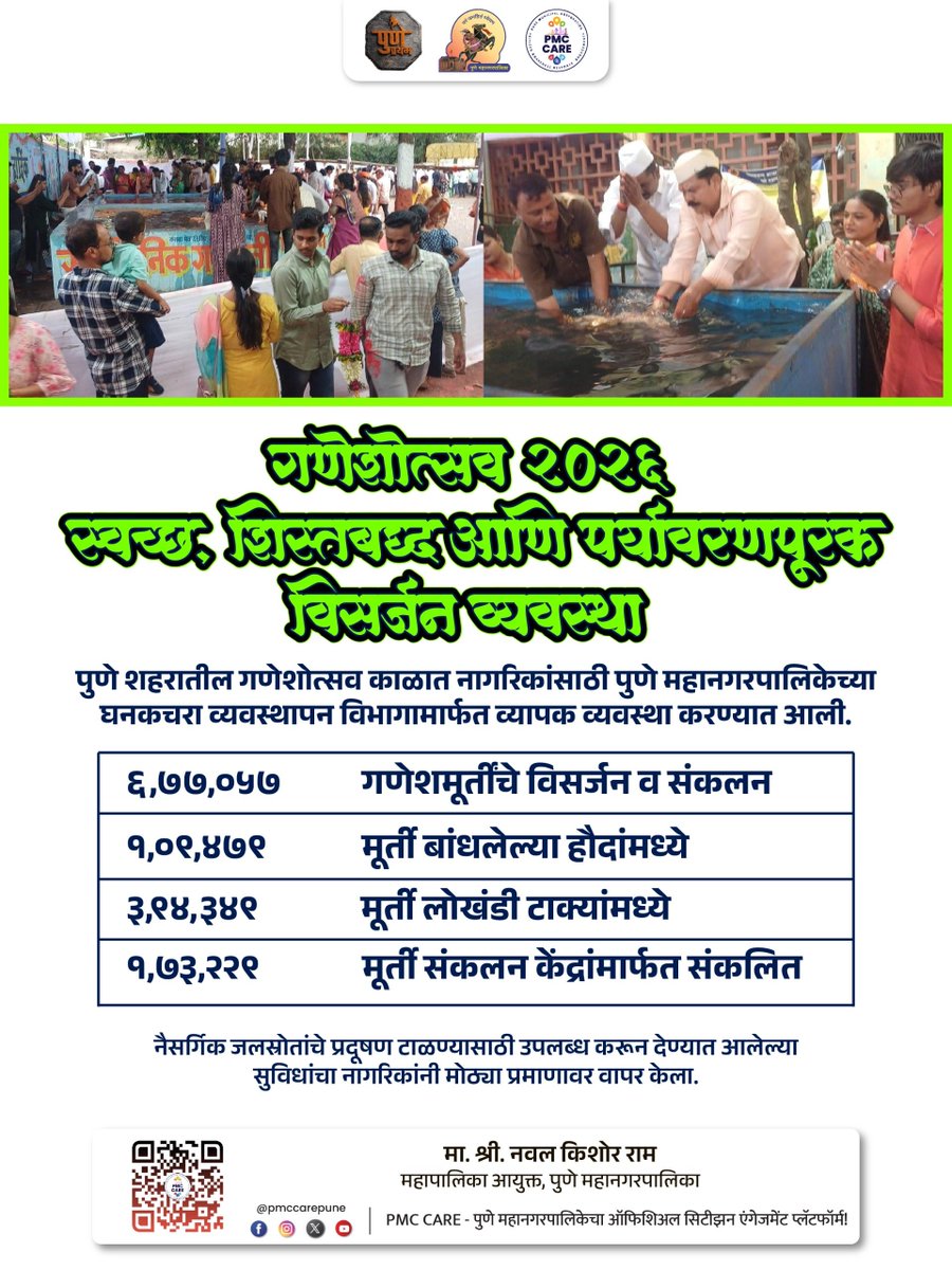 PMCPune's tweet photo. गणेशोत्सव २०२६ अनुषंगाने घनकचरा व्यवस्थापन विभागामार्फत प्रभावी उपाययोजना

#pmccare #pune #wastemanagement #ganeshutsav #sevice #visarjan #ganpatibappamorya #environment https://t.co/pG75XtSaBu