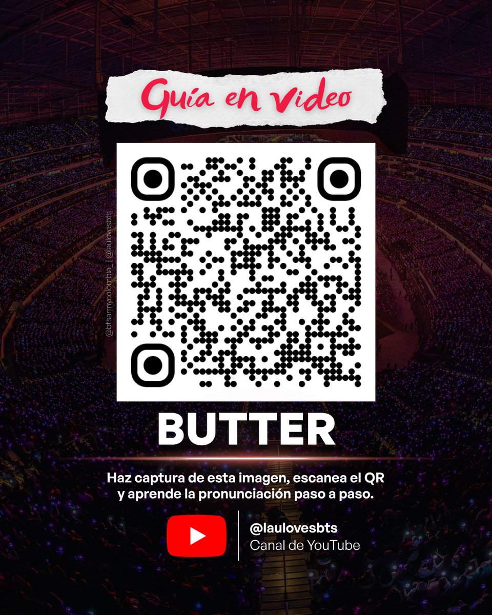 btsarmycol_'s tweet photo. 🧈✨ DÍA 15 DE #RUMBOAARIRANG: BUTTER

Seguimos preparando el setlist para nuestros conciertos del 2 y 3 de octubre en El Campín. 🇨🇴💜

Hoy toca BUTTER y en el carrusel encontrarán:

🎤 Letra + fanchant
🎧 Pronunciación + fanchant
✨ Guía para practicar

La guía de pronunciación está realizada por Lau (@namubngtan) para acompañarnos paso a paso. 💜

📌 Guarda el material, practica a tu ritmo y vuelve a la guía todas las veces que necesites.

🎧 Guía en video:
https://t.co/Imkr9iSfNI

💜 YA VAMOS CON:
HOOLIGAN · ALIENS · THEY DON’T KNOW ’BOUT US · SWIM · LIKE ANIMALS · FAKE LOVE · MERRY GO ROUND · 2.0 · NORMAL · NOT TODAY · MIC DROP · FYA · BODY TO BODY · COME OVER · BUTTER

🇨🇴🔥 15 canciones preparadas. Cada vez falta menos para encontrarnos en El Campín.

#BTS_WORLDTOUR_ARIRANG
#BTS_WORLDTOUR_ARIRANG_BOGOTA