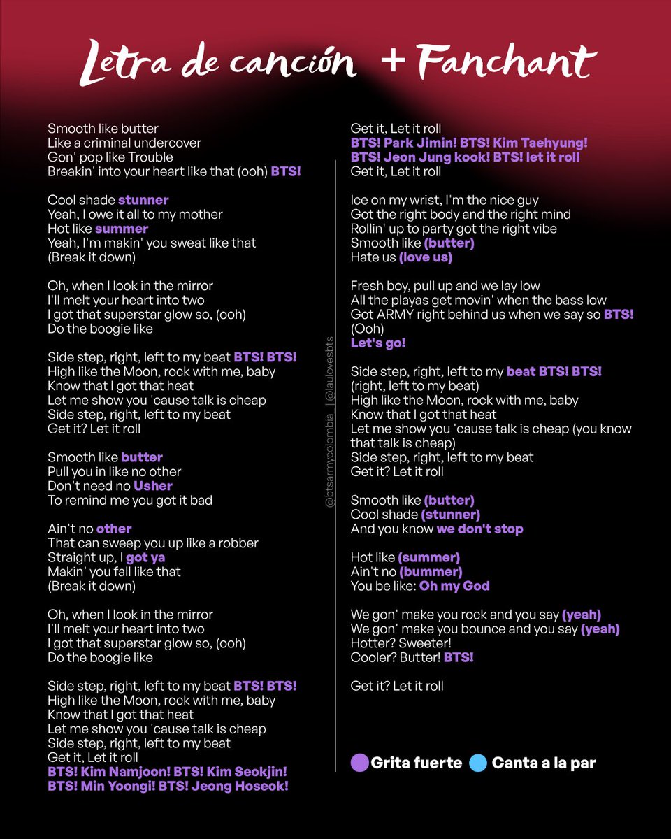 btsarmycol_'s tweet photo. 🧈✨ DÍA 15 DE #RUMBOAARIRANG: BUTTER

Seguimos preparando el setlist para nuestros conciertos del 2 y 3 de octubre en El Campín. 🇨🇴💜

Hoy toca BUTTER y en el carrusel encontrarán:

🎤 Letra + fanchant
🎧 Pronunciación + fanchant
✨ Guía para practicar

La guía de pronunciación está realizada por Lau (@namubngtan) para acompañarnos paso a paso. 💜

📌 Guarda el material, practica a tu ritmo y vuelve a la guía todas las veces que necesites.

🎧 Guía en video:
https://t.co/Imkr9iSfNI

💜 YA VAMOS CON:
HOOLIGAN · ALIENS · THEY DON’T KNOW ’BOUT US · SWIM · LIKE ANIMALS · FAKE LOVE · MERRY GO ROUND · 2.0 · NORMAL · NOT TODAY · MIC DROP · FYA · BODY TO BODY · COME OVER · BUTTER

🇨🇴🔥 15 canciones preparadas. Cada vez falta menos para encontrarnos en El Campín.

#BTS_WORLDTOUR_ARIRANG
#BTS_WORLDTOUR_ARIRANG_BOGOTA