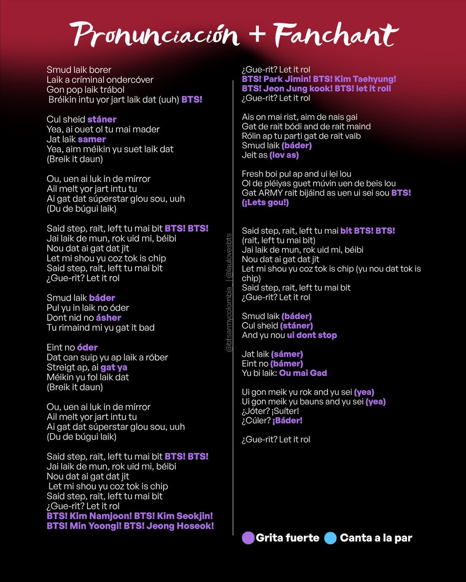 btsarmycol_'s tweet photo. 🧈✨ DÍA 15 DE #RUMBOAARIRANG: BUTTER

Seguimos preparando el setlist para nuestros conciertos del 2 y 3 de octubre en El Campín. 🇨🇴💜

Hoy toca BUTTER y en el carrusel encontrarán:

🎤 Letra + fanchant
🎧 Pronunciación + fanchant
✨ Guía para practicar

La guía de pronunciación está realizada por Lau (@namubngtan) para acompañarnos paso a paso. 💜

📌 Guarda el material, practica a tu ritmo y vuelve a la guía todas las veces que necesites.

🎧 Guía en video:
https://t.co/Imkr9iSfNI

💜 YA VAMOS CON:
HOOLIGAN · ALIENS · THEY DON’T KNOW ’BOUT US · SWIM · LIKE ANIMALS · FAKE LOVE · MERRY GO ROUND · 2.0 · NORMAL · NOT TODAY · MIC DROP · FYA · BODY TO BODY · COME OVER · BUTTER

🇨🇴🔥 15 canciones preparadas. Cada vez falta menos para encontrarnos en El Campín.

#BTS_WORLDTOUR_ARIRANG
#BTS_WORLDTOUR_ARIRANG_BOGOTA