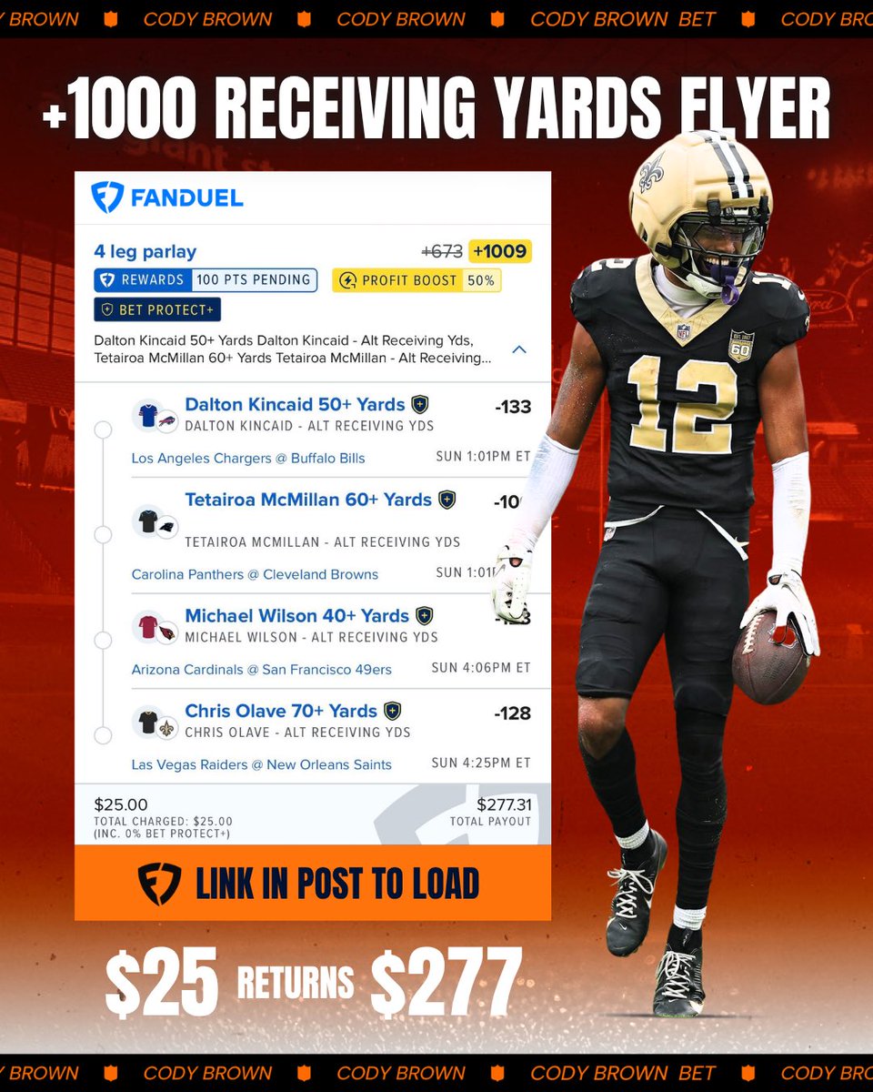 CodyBrownBets's tweet photo. 🧤 +1000 Sunday Flyer

Four receivers to get it done for us.

🔗 FanDuel bet link: https://t.co/hpr6Seeku7

We cashed at +500 last weekend…

21+, gamble responsibly. https://t.co/2ATr5zP17Z