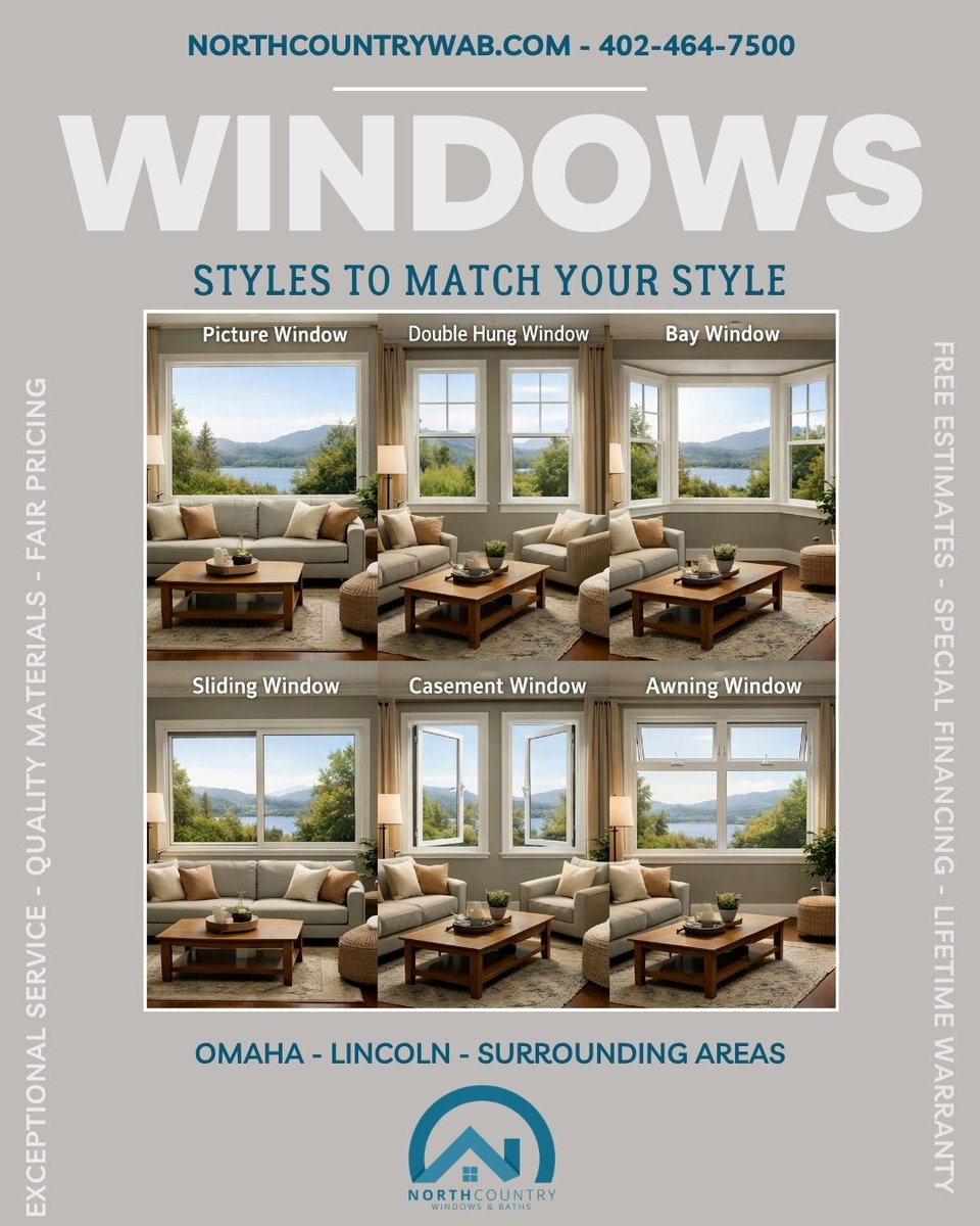 ncountrywindows's tweet photo. Which window style is right for your home? 🏡 If you’re searching for replacement windows the right window shape and style can make a big difference in your home’s look, natural light, ventilation, and functionality. https://t.co/CU4UK1cQ0d
