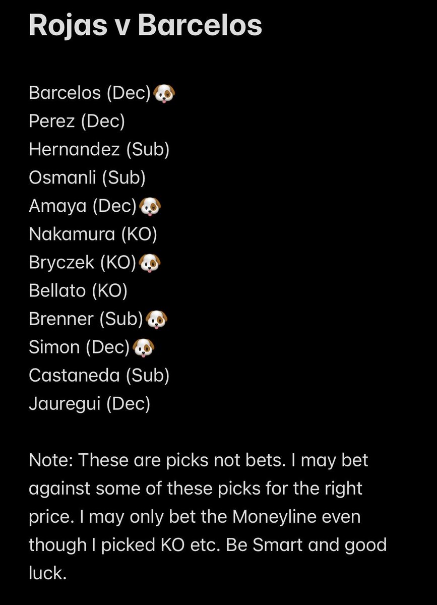 OwenWhiteMMA's tweet photo. Official picks for Rojas vs. Barcelos https://t.co/qmpUsS2RPP