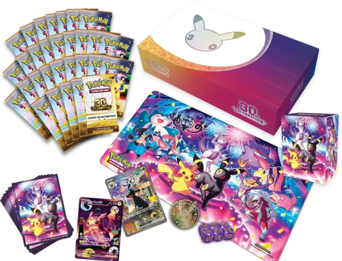 PokemonTCGDealz's tweet photo. Pokemon 30th Celebration Ultra Premium Collection is available to Pre Order at GameStop for in store pick up

https://t.co/Fgi9kamW0w https://t.co/0HsAD0vb6h