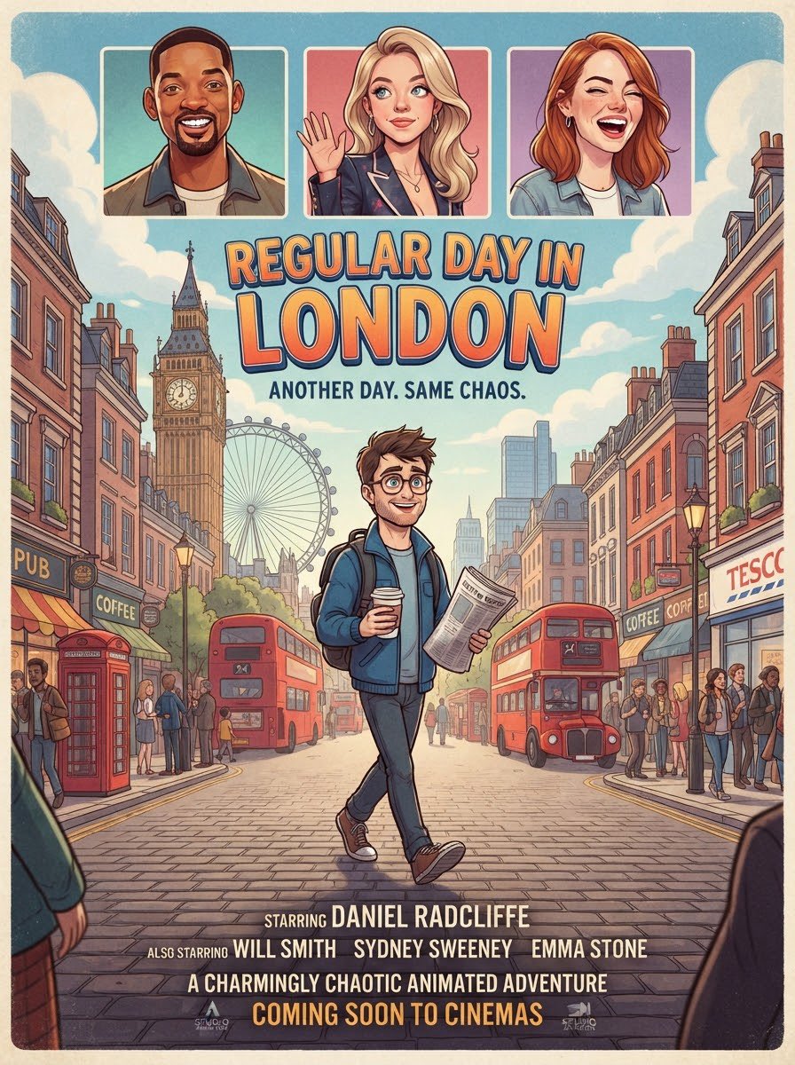 MrMovieArtist's tweet photo. #Ai #AiArt #Concept #Poster #Movie #RegularDay #London #DanielRadcliffe #WillSmith #SydneySweeney #EmmaStone #AnotherDay #Chaos #Adventure https://t.co/11j6cO8ASw