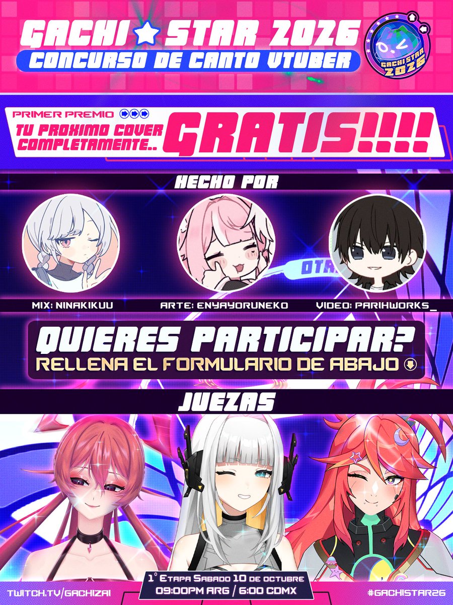 GachiZai's tweet photo. 🎵𝗚𝗮𝗰𝗵𝗶 𝗦𝘁𝗮𝗿ⵑ🎤
Es momento de mostrar tu gran voz sobre sobre el escenario y convertirte en la nueva #GachiStar 🎊

 Juezas y casters:
♦️🔥@AkellieChan 
⚙️🤍@EruNabura 
🍉💫@NinoUraboshi 

📋Formulario de inscripción y bases del concurso ⬇️
https://t.co/EUx5DxHPTc https://t.co/sSTe1LSsq4