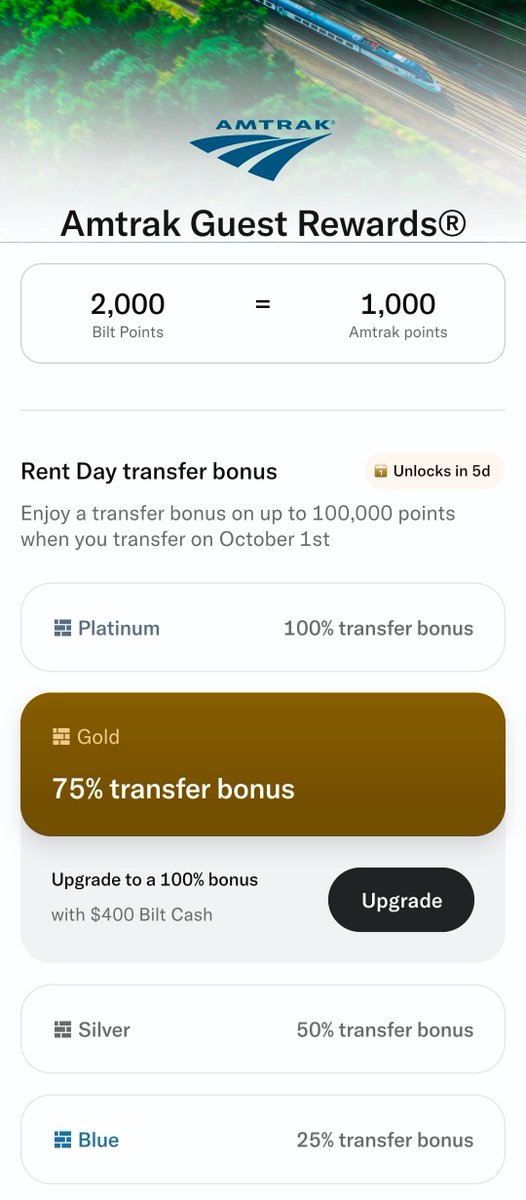 travelswithtech's tweet photo. Bilt is running two transfer bonuses on the same Rent Day for the first time! On Oct 1, you can move points to Amtrak Guest Rewards for up to 100% more and/or send them to Hilton for an instant status match plus a bonus up to 175%. ✈️ 

What are you all planning to do? 🤔 https://t.co/wEQbr3ZzJM