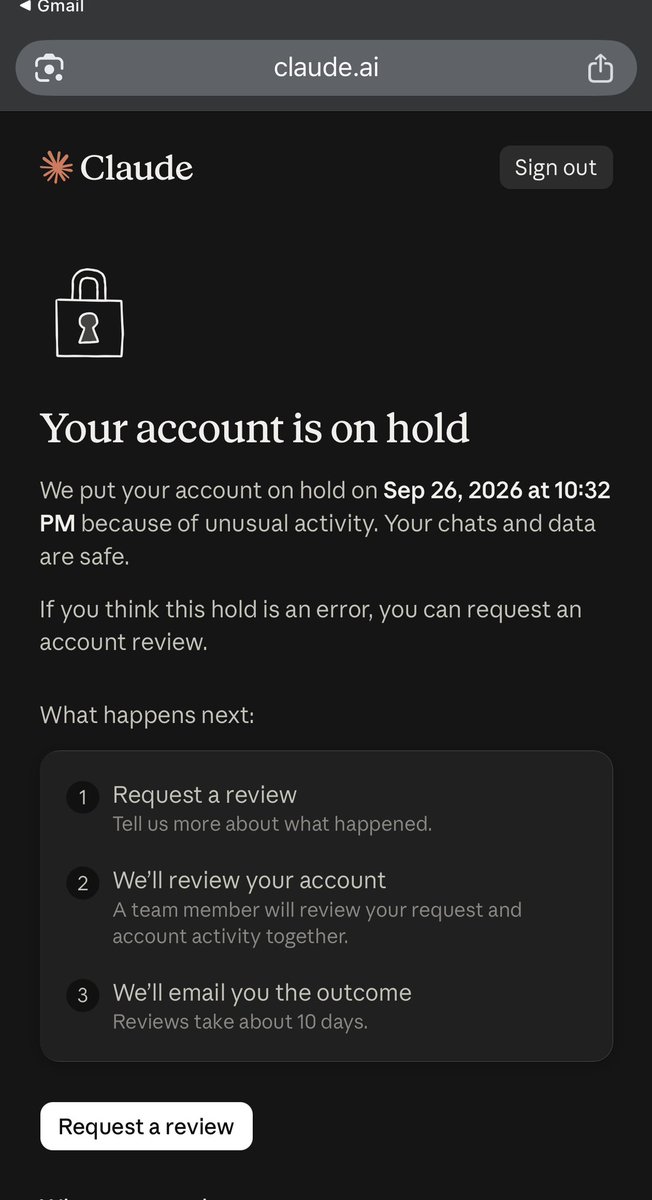 NFDentist's tweet photo. guys @AnthropicAI, @thariq и @alexalbert_ you prepare for IPO, i get it, but why your anti-bot filter is tuned so high and bans legitimate users? 😩

(Max acc) https://t.co/WhgSaihTev