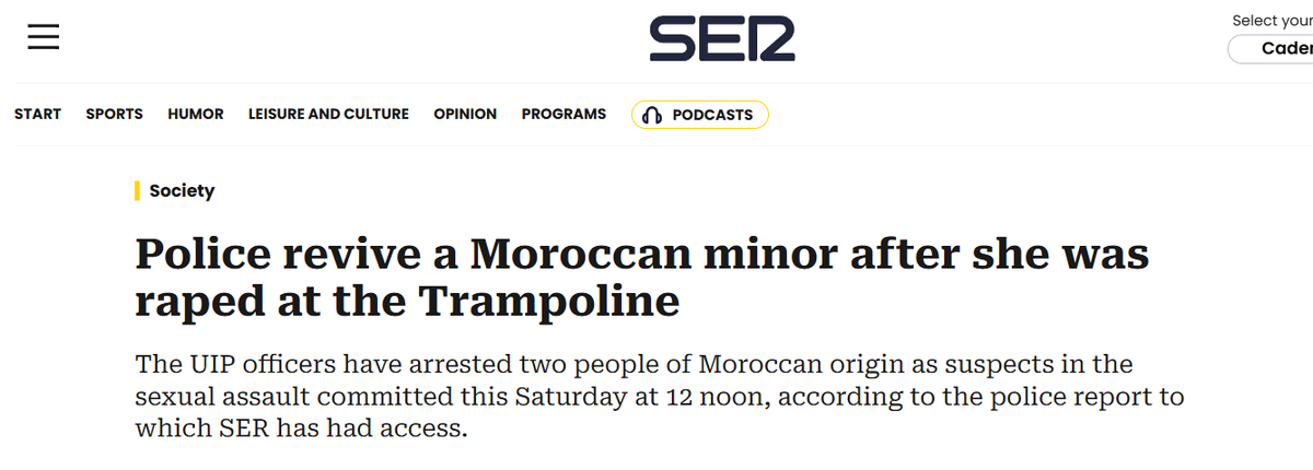oresundsbaron's tweet photo. Uhyggeligt sag fra den islamiske invasion af Ceuta.

To marokkanere på hhv. 42 og 21 år er anholdt for voldtægt af en 17-årig pige i teltbyen på stranden Playa del Trampolín.

Politiet fik et tip om en skrigende pige, og da de ankom til teltlejren på stranden, fandt de frem til pige da hun kom ud af et telt.

Hun påvirket af stoffer, havde snitsår i ansigtet og på benene, og blødte fra sine kønsorganer.

Pigen mistede bevidstheden foran politiet og mødte efterfølgende genoplives ved hjælp af CPR - hun blev derefter kørt på hospitalet.