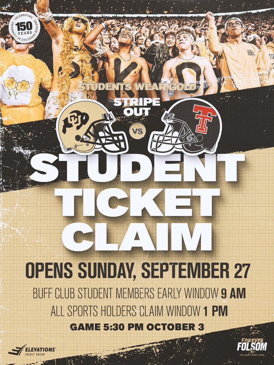 CUBuffs's tweet photo. The student ticket claim for @CUBuffsFootball vs. Texas Tech is OPEN! 🦬

🕘 9am: Buff Club student members
🕐 1pm: ALL student sports pass holders 

🎟️ » https://t.co/tR2MizTQVx https://t.co/5bcC00Rmkd