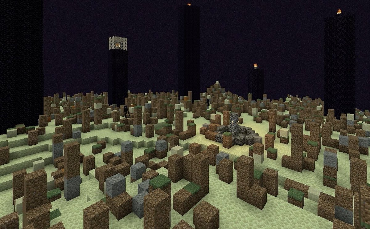 RealmNews247's tweet photo. This is one of the coolest experiments I have seen. 

Minecraft beats Minecraft. 

It took 2 billion simulated years for it to beat itself and the journey is amazing!

The amount of blocks Endermen moved over the millennia transformed then entire Overworld and the End dimesion. https://t.co/TlmflLig4t
