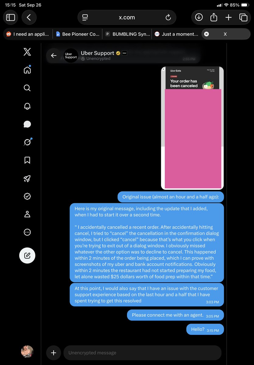 nobraverthing's tweet photo. @Uber_Support hi! Could I get a response please? i’ve been actively trying to get support for over two full hours now, and the experience has only continued to deteriorate. Thank you! https://t.co/czFUYP0shC