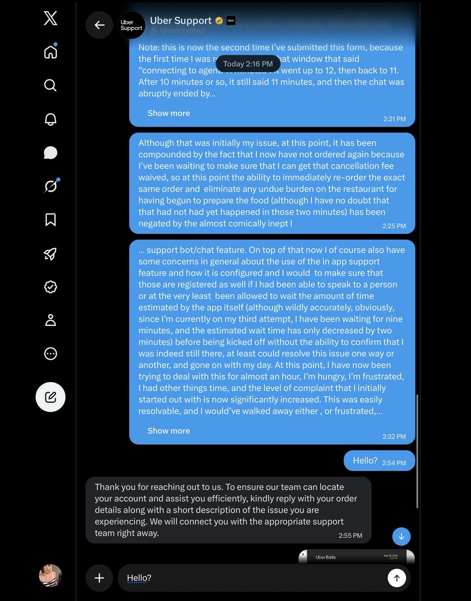nobraverthing's tweet photo. @Uber_Support hi! Could I get a response please? i’ve been actively trying to get support for over two full hours now, and the experience has only continued to deteriorate. Thank you! https://t.co/czFUYP0shC