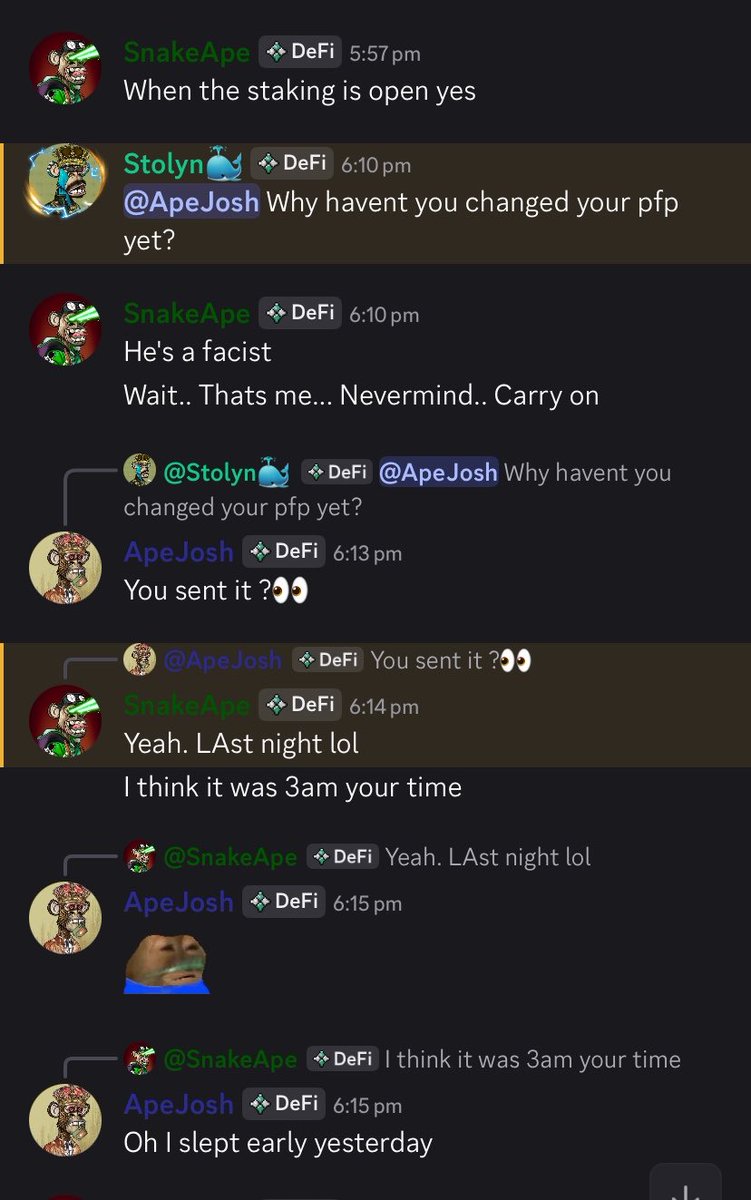 Not_Just_Josh's tweet photo. I was asleep when I got a @DeFiApesCRO NFT 😂 Woke up still clueless.

For y’all wondering, the floor is 600 CRO.

Thanks to my friend @Stolyn for the nice gesture.

Check the fourth slide. Ape staking is live for 32 days only on @ObsidianSwap. https://t.co/HfncKhvuPy