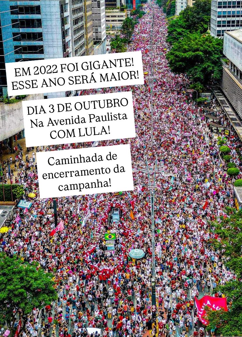 barbara13naurna's tweet photo. URGENTE! URGENTE! URGENTÍSSIMO🚨 
DIA 3 DE OUTUBRO GRANDE CAMINHADA COM LULA E HADDAD NA AVENIDA PAULISTA EM SÃO PAULO! https://t.co/avMwBHrkz3