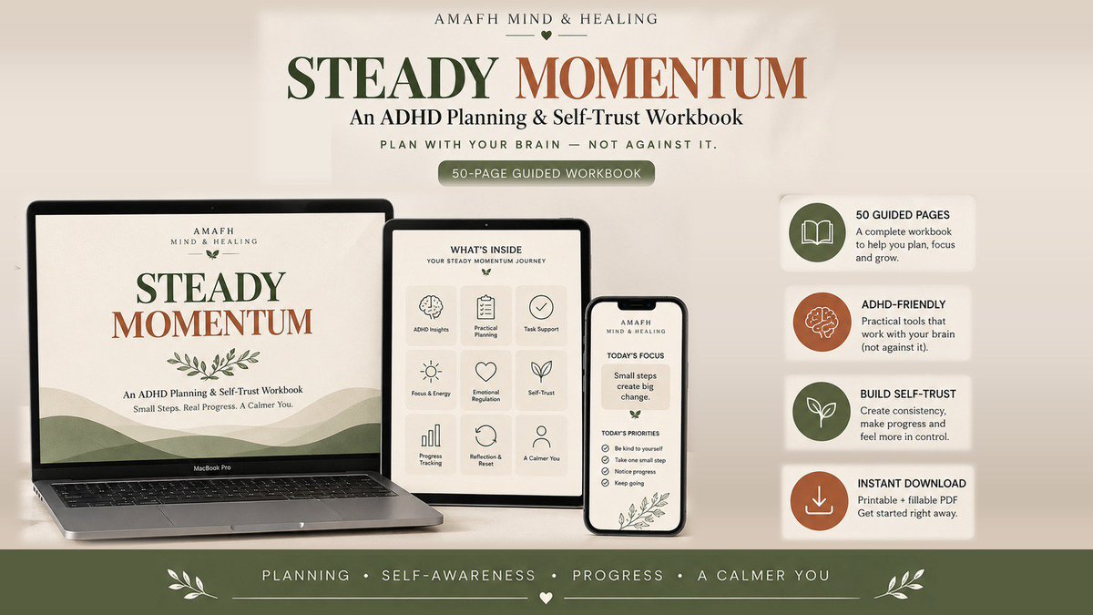 denaly_22's tweet photo. Small steps. Real progress. A calmer you. 🌿 Steady Momentum, your 50-page ADHD planning &amp; self-trust workbook. Instant download 👇

https://t.co/4KFHgOT147 https://t.co/45iDClF69C