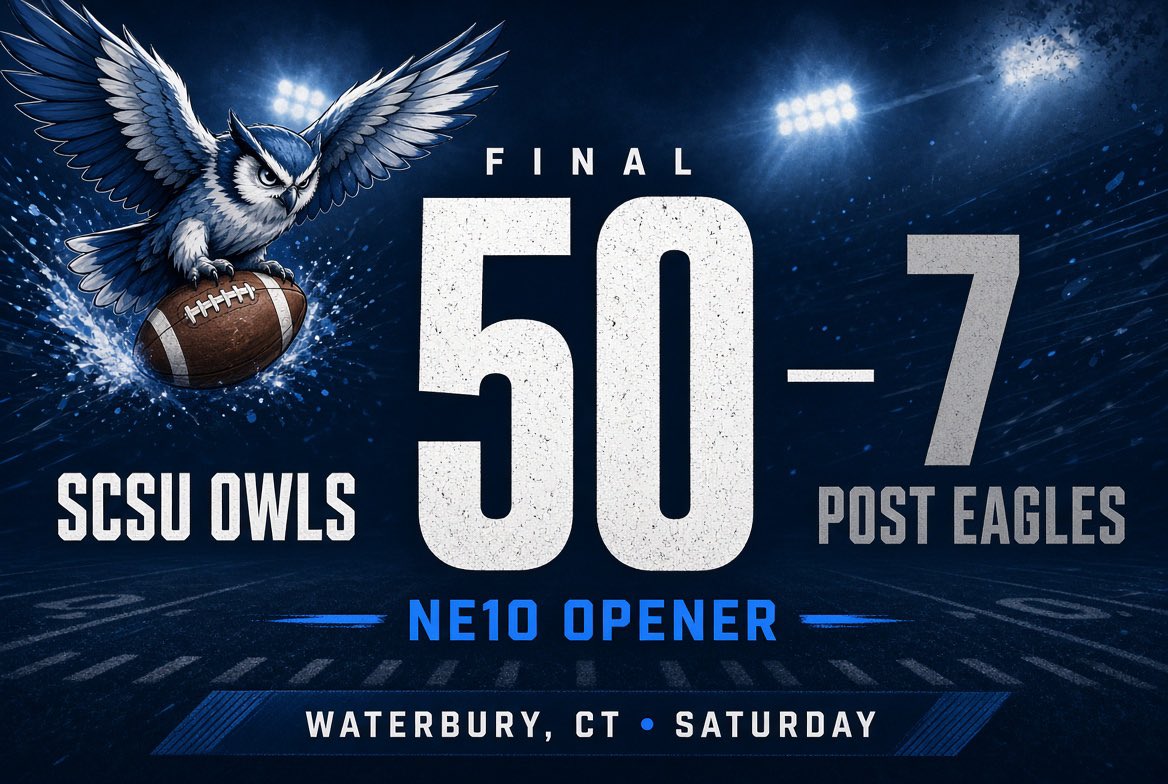 Coach__Hunt's tweet photo. Proud of our guys today. Complete game from start to finish.

Owls 50, Post 7. Conference opener in the books.

Now we get back to work. On to Saint Anselm.

#OwlsUp #NE10 @SCSUFB https://t.co/reg96YqalC