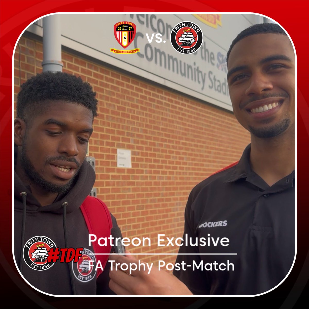 ErithTown's tweet photo. 🍿 | #TDF EXCLUSIVE

It was a game that had it all and it was one we’ll remember for a while, as #TheDockers progress through to the next round of the FA Trophy.

After the game, we caught up with Dan and Tyler to get their thoughts, the applause from @hyufc_official’s fans and whether they can take penalties when called on…

https://t.co/9wmaDVbFiL

#UpTheDockers #DOCKERS
