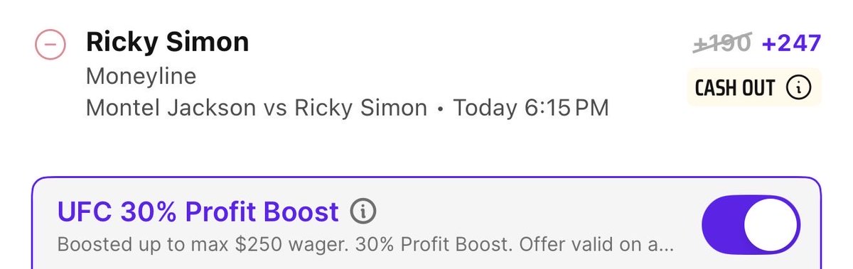 BoostKingX's tweet photo. UFC 30% Profit Boost 

1 U
Fair value +203

Ricky Simon ML vs Montel Jackson https://t.co/dI3OMzhKwF