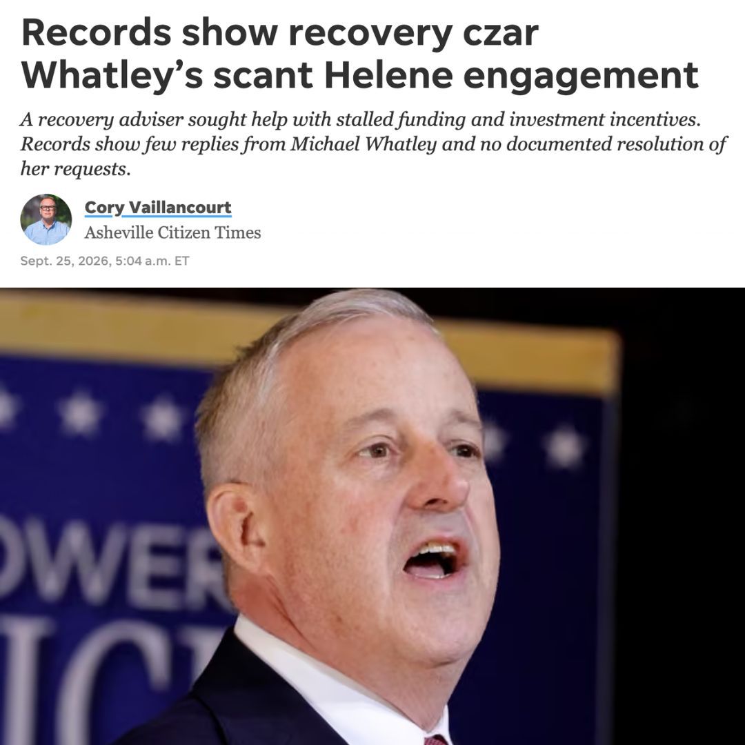 ForwardCarolina's tweet photo. Newly uncovered public records show that as Donald Trump's "Recovery Czar" for Hurricane Helene, Michael Whatley held a grand total of 5 phone calls, totaling 38 minutes in all, and 6 text messages over the course of a full year with officials engaged in Helene recovery.

Full story: https://t.co/l3CfiyYFAK